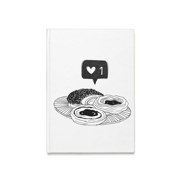 A5 Hardcover Journal — Black & White Pastry Illustration with "1" Social Like Icon