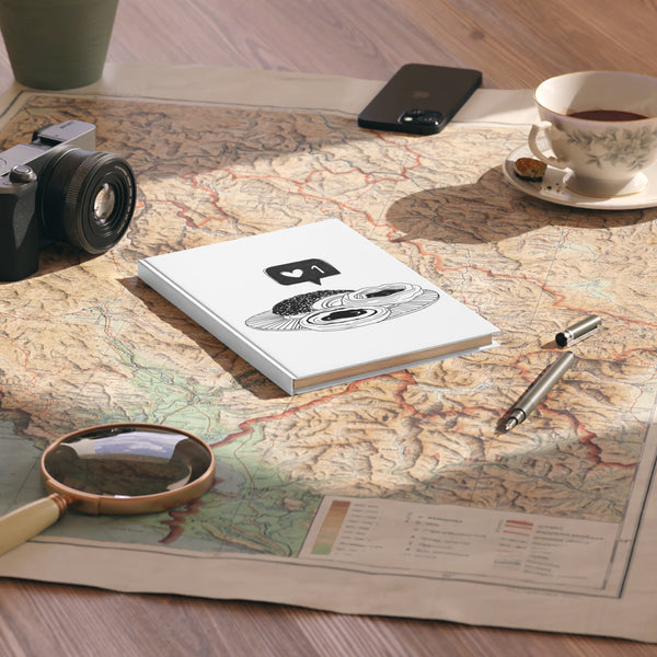 A5 Hardcover Journal — Black & White Pastry Illustration with "1" Social Like Icon